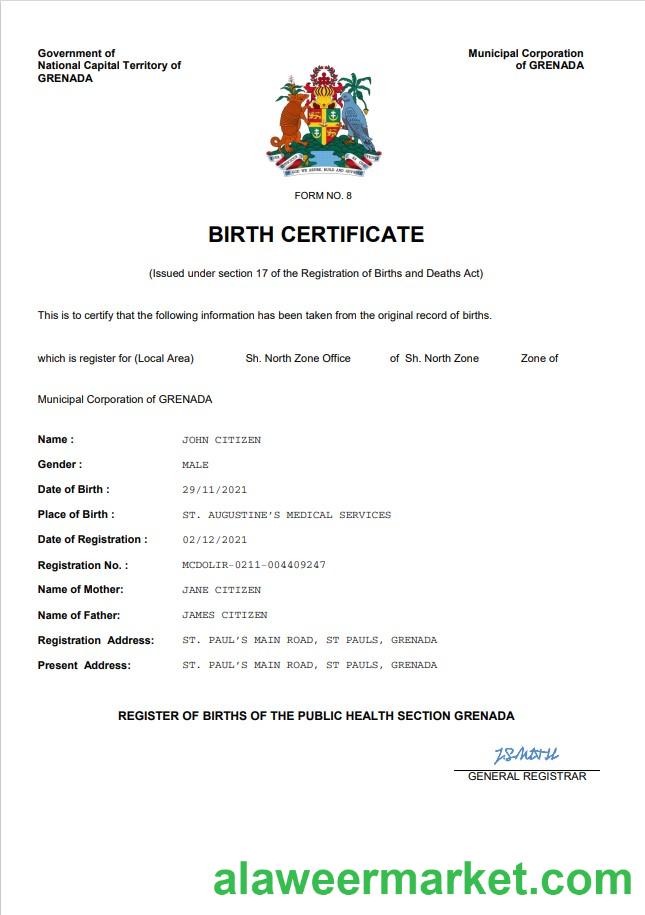 Grenada vital record birth certificate Word and PDF template
